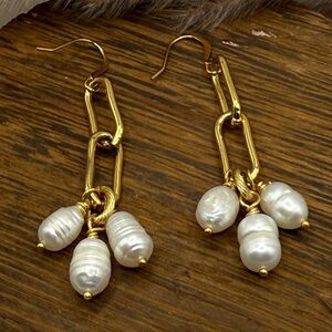 Gold and Pearl Paper Clip  Dangle Earrings